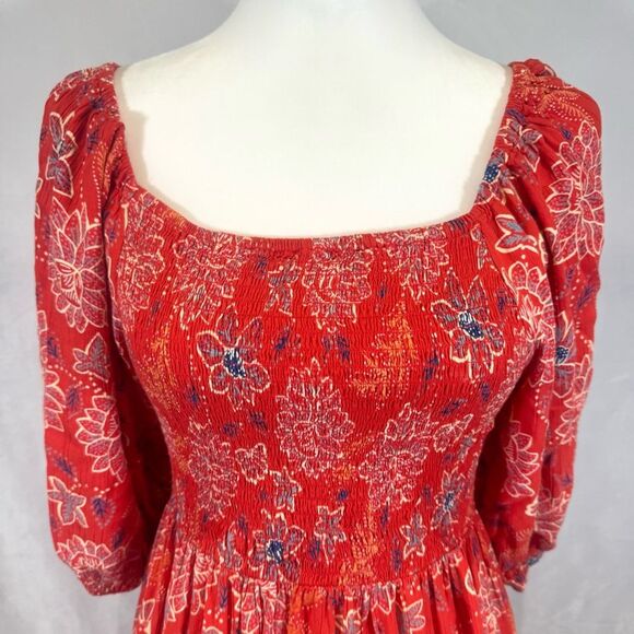 Angie blood orange puff sleeve smocked tiered midi dress size large - Picture 4 of 9